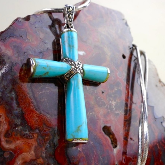 925 STER.,TURQUOISE, MARCASITE NECKLACE 16" 14g 💝 - Picture 3 of 6